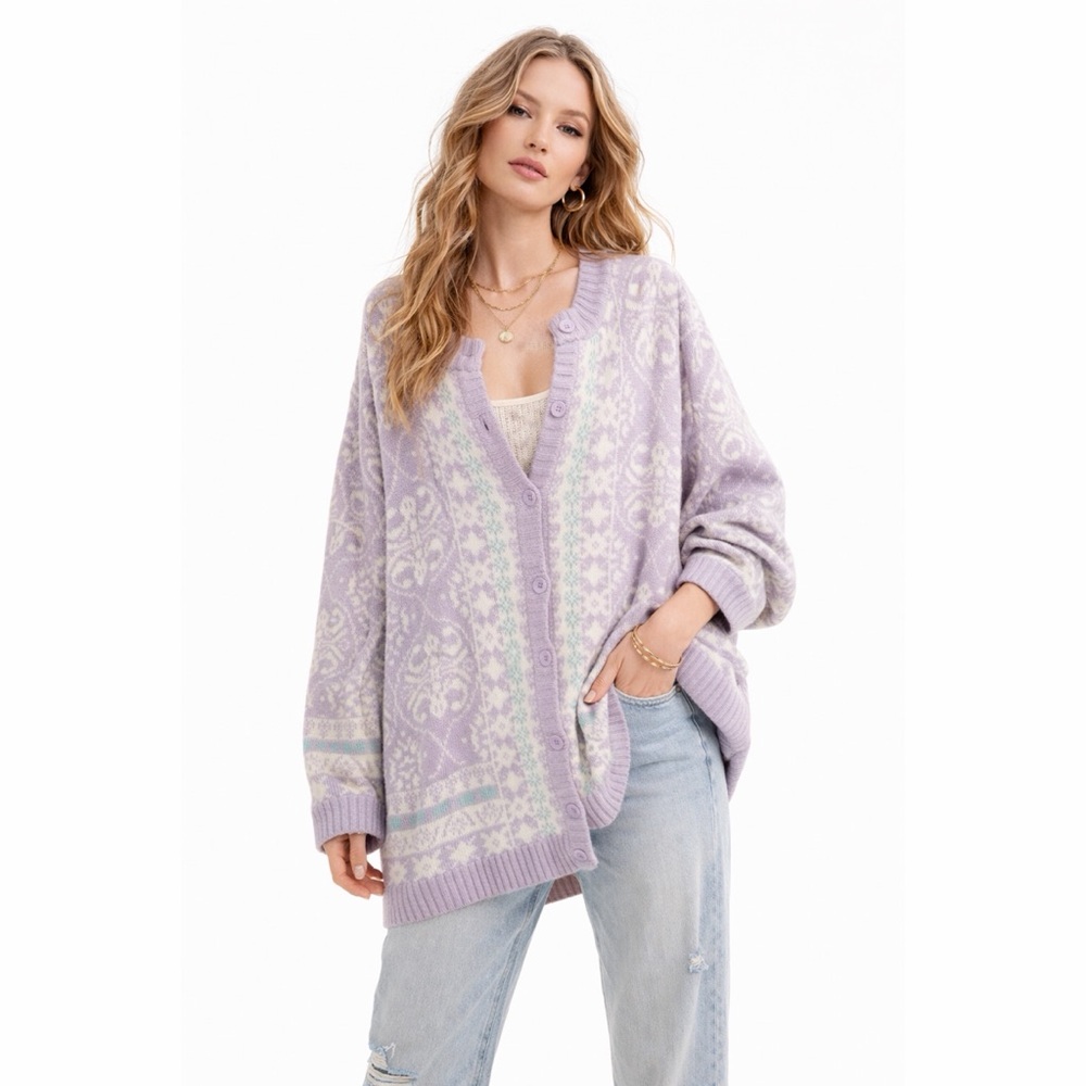 National Vintage 90s Pastel Lavender Fair Isle Cardigan
